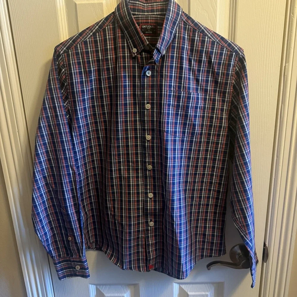 Untuckit Boys Bottom Down Shirt Blue White Red Check‎ Long Sleeve 14
